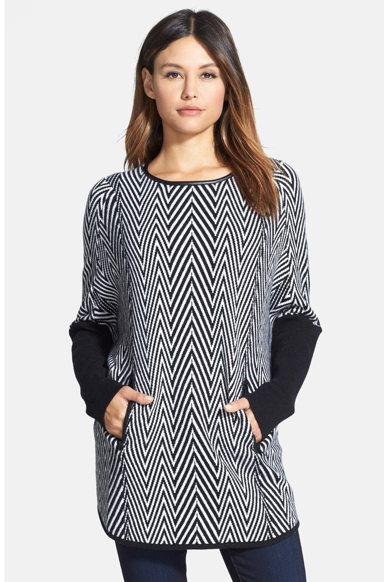 Leather Trim Herringbone Cashmere Poncho, Main, color, BLACK- IVORY SOFT MULTI