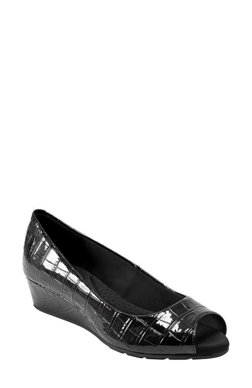 Bandolino Peep Toe Wedge Pump in Black Croco Print 