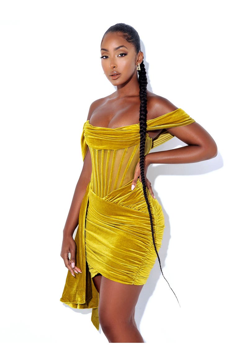 Irisaa Draping Off Shoulder Corset Mini Dress, Alternate, color, Gold