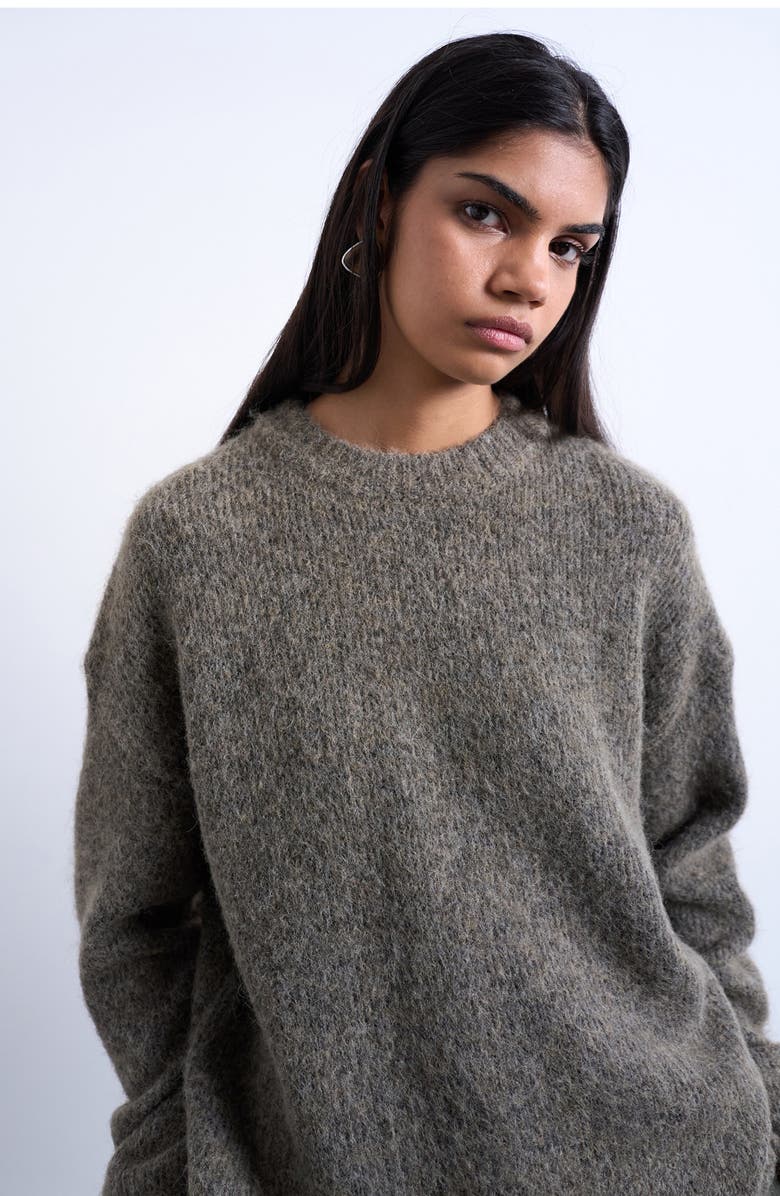 Topshop Fluffy Oversize Crewneck Sweater, Alternate, color, Brown