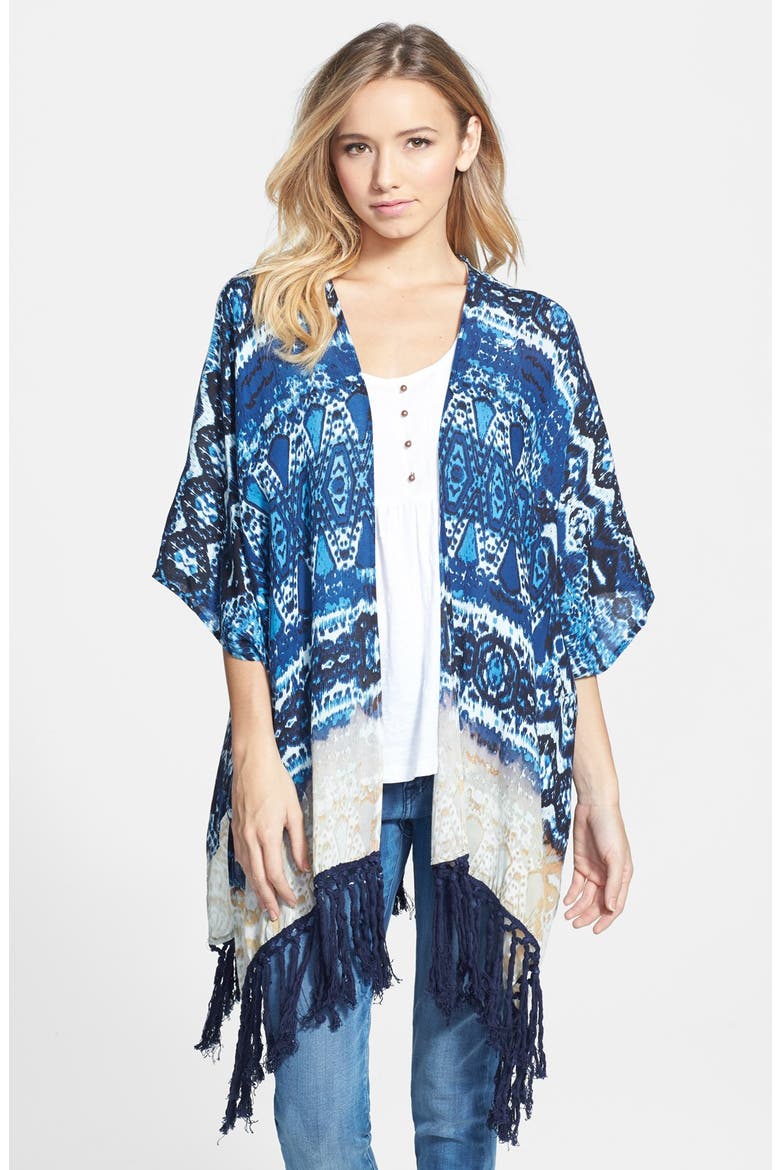 Zoe & Rose Print Fringe Kimono, Main, color, NAVY BLUE/ BLEACH
