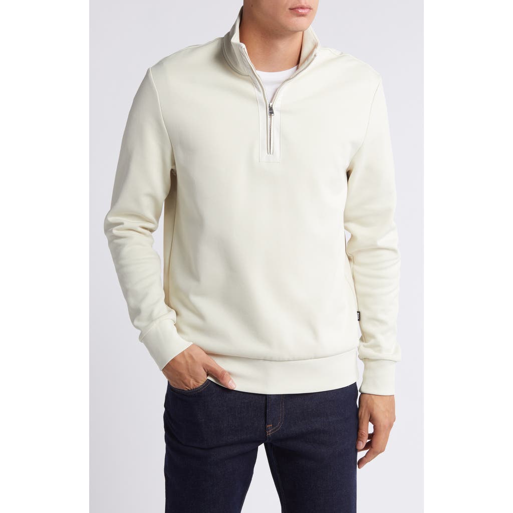 Hugo Boss Zip-neck Sweatshirt In Mercerized Cotton Jacquard In Open White