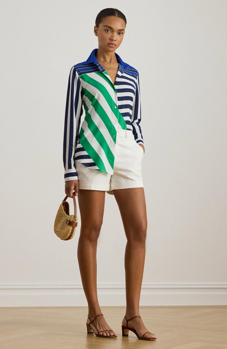 Lauren Ralph Lauren Stripe Button-Up Blouse, Alternate, color, Navy Blue/ White/ Green
