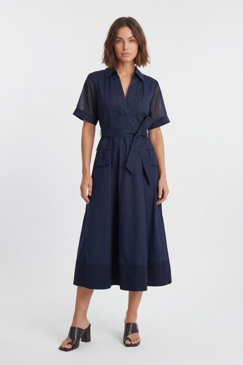 Utility Short Sleeve Organdie Midi Dress, Alternate, color, Navy