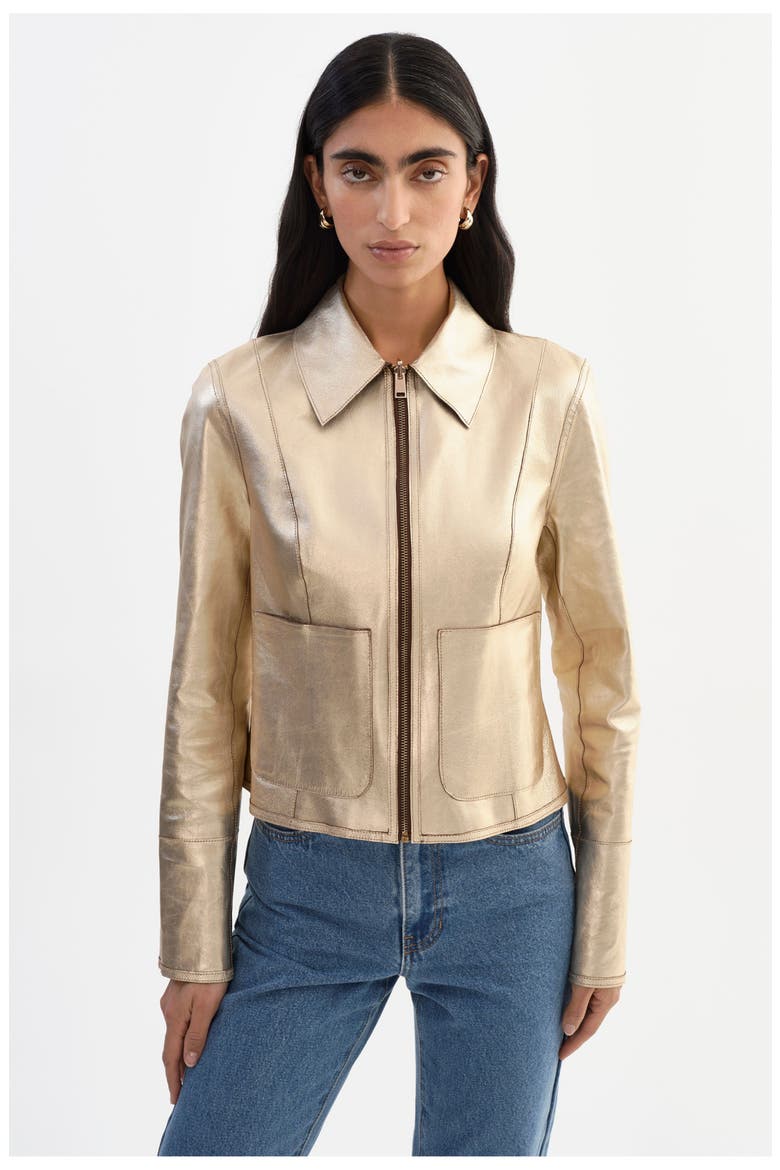 Clarie | Reversible Leather Jacket, Alternate, color, Mid Brown/Gold