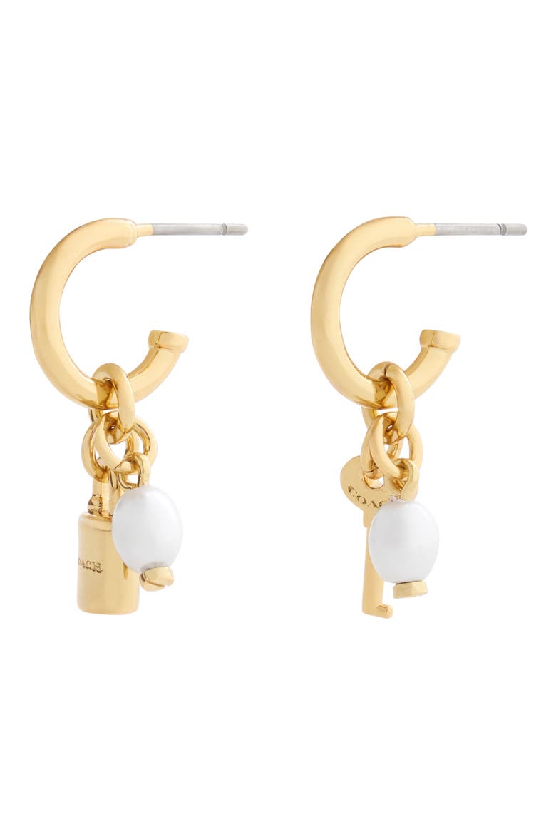 Lock & Key Faux Pearl Huggie Hoop Drop Earrings, Alternate, color, PEARL/ GOLD