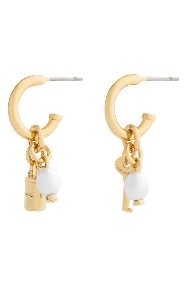 COACH Lock & Key Faux Pearl Huggie Hoop Drop Earrings, Alternate, color, Pearl/ Gold