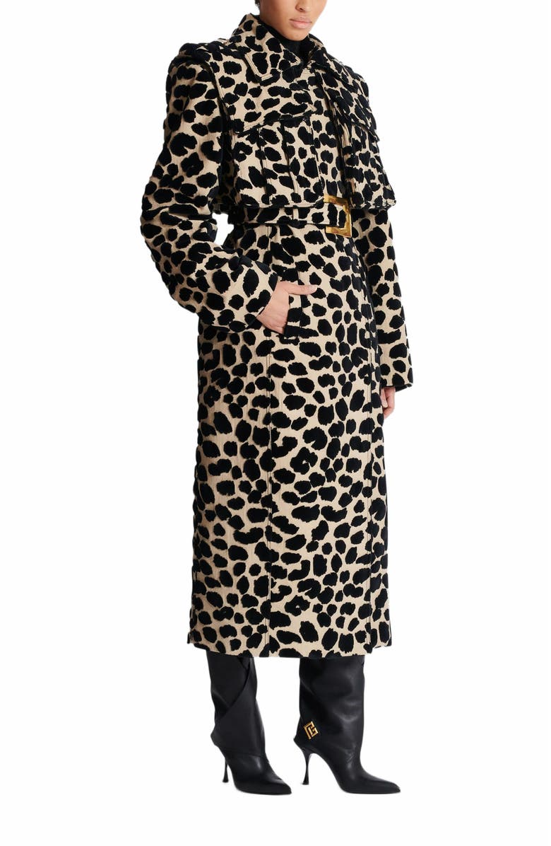 Balmain Leopard Print Jacquard Belted Trench, Main, color, Black