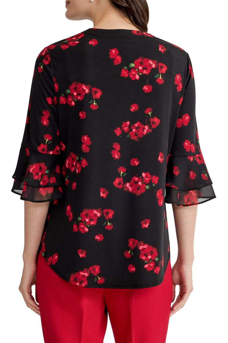 Floral Split Neck Flutter Sleeve Tunic, Alternate, color, BLACK MULTI