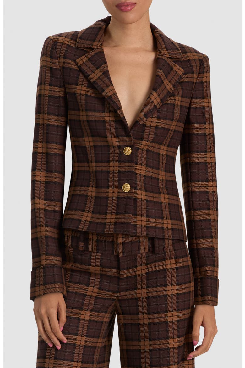 Macey Shrunken Plaid Blazer, Main, color, DARK CHOCOLATE/ CAMEL