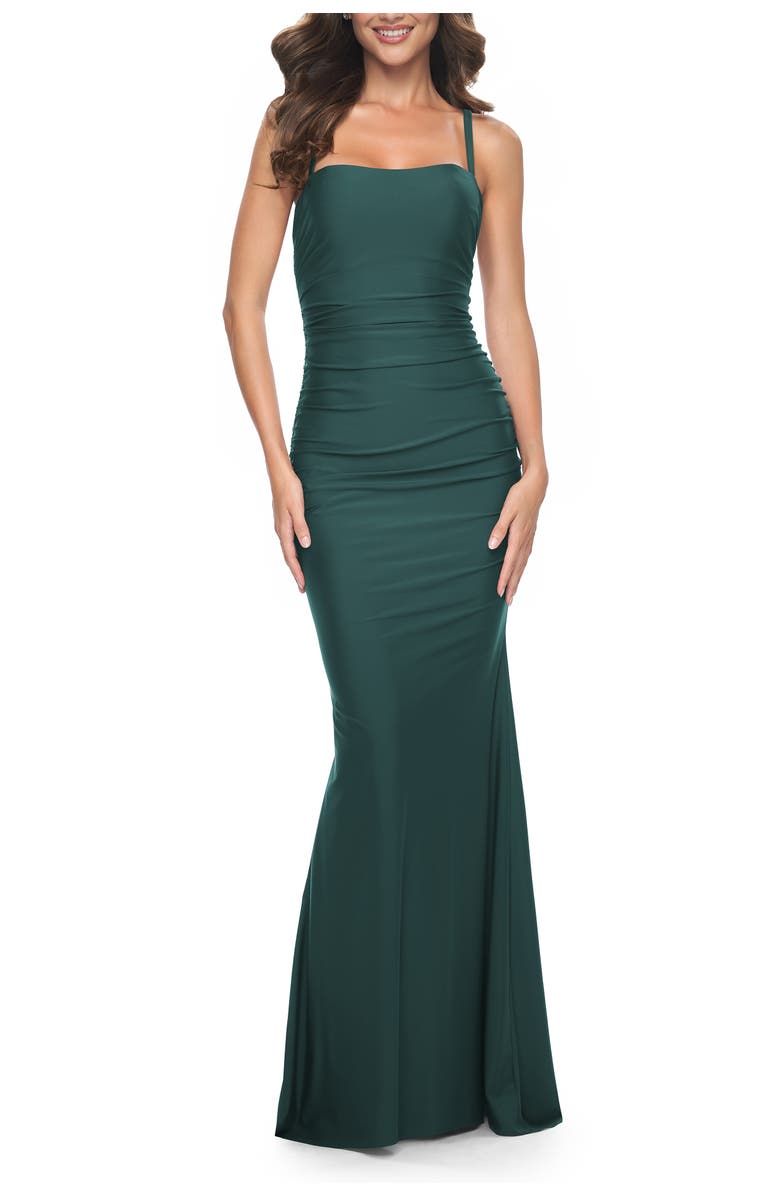 La Femme Simple Ruched Jersey Dress with Lace Up Back, Main, color, Emerald