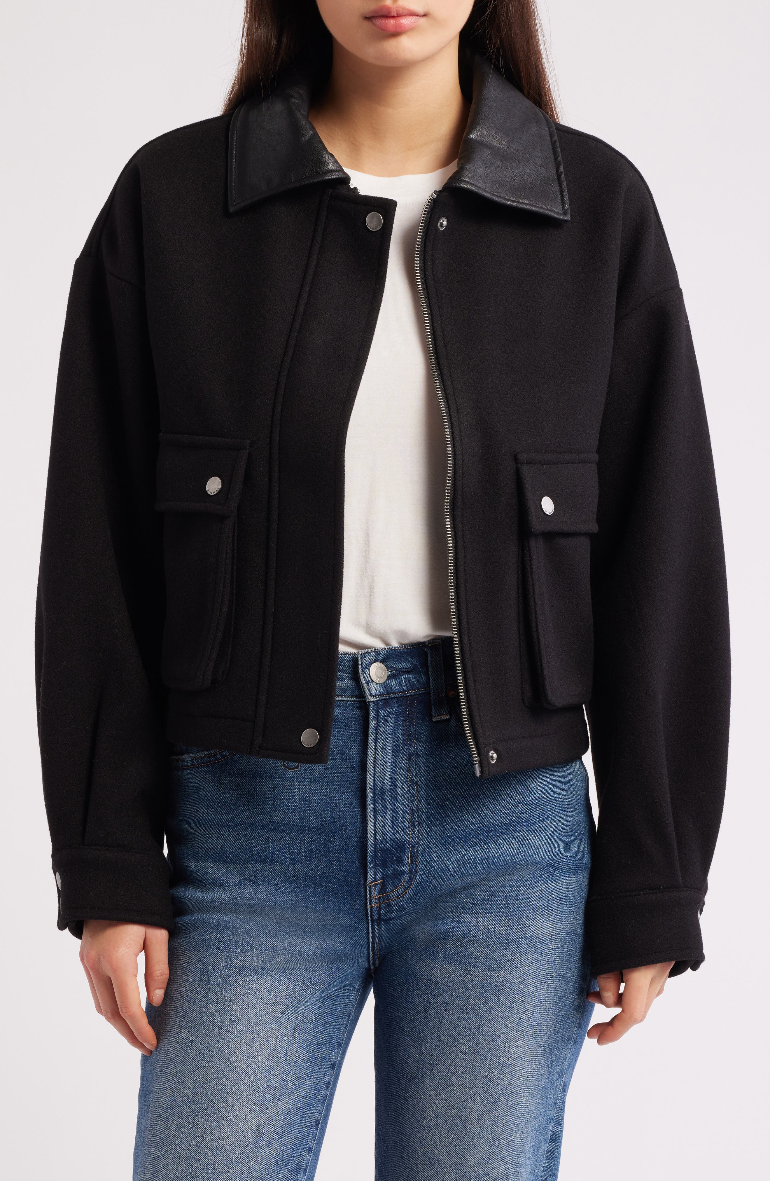Lucky Brand Faux Leather Collar Crop Bomber Jacket