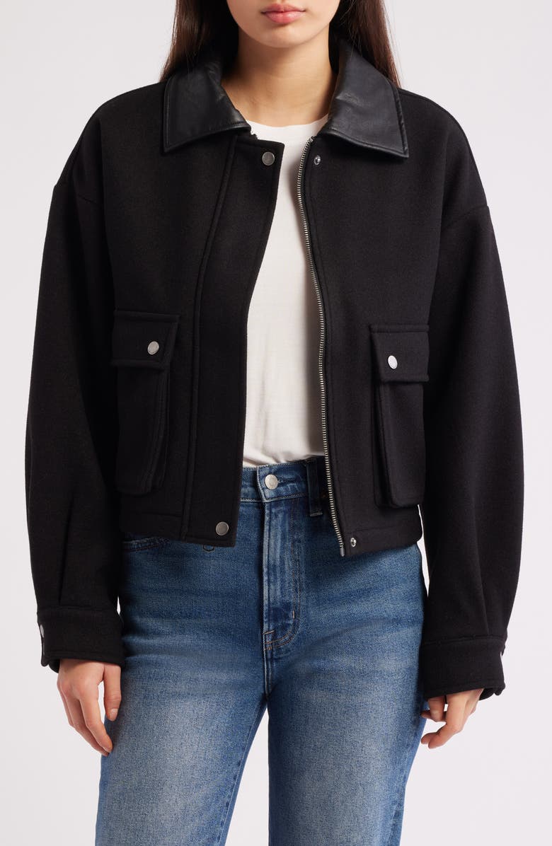 Lucky Brand Faux Leather Collar Crop Bomber Jacket, Main, color, Black