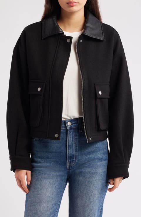 Faux Leather Collar Crop Bomber Jacket