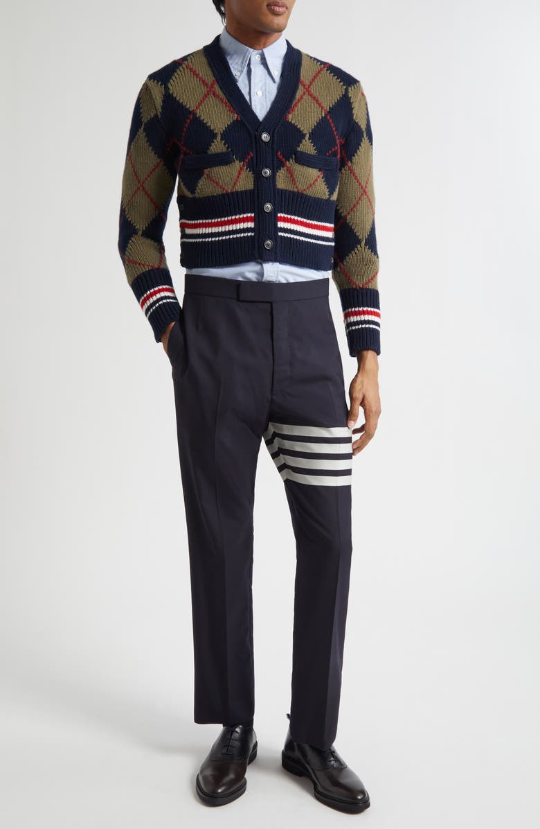 Thom Browne Argyle Intarsia Shrunken Virgin Wool Blend Cardigan, Alternate, color, Navy