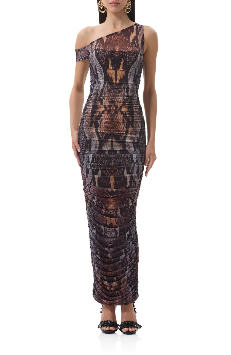 AFRM Biona Printed One-Shoulder Ruched Mesh Maxi Dress, Main, color, Placed Umber Snake