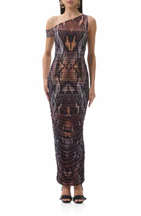 AFRM Biona Printed One-Shoulder Ruched Mesh Maxi Dress