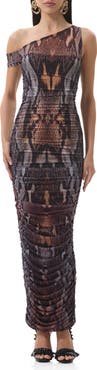 AFRM Biona Printed One-Shoulder Ruched Mesh Maxi Dress
