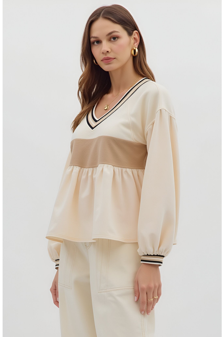 Colorblock V-Neck Top with Peplum Hem, Alternate, color, Beige