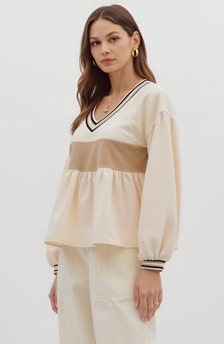 Modenaire Colorblock V-Neck Top with Peplum Hem, Alternate, color, Beige