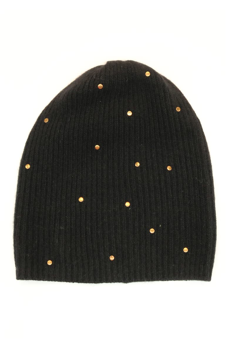 Ribbed Studded Cashmere Beanie, Main, color, BLACK