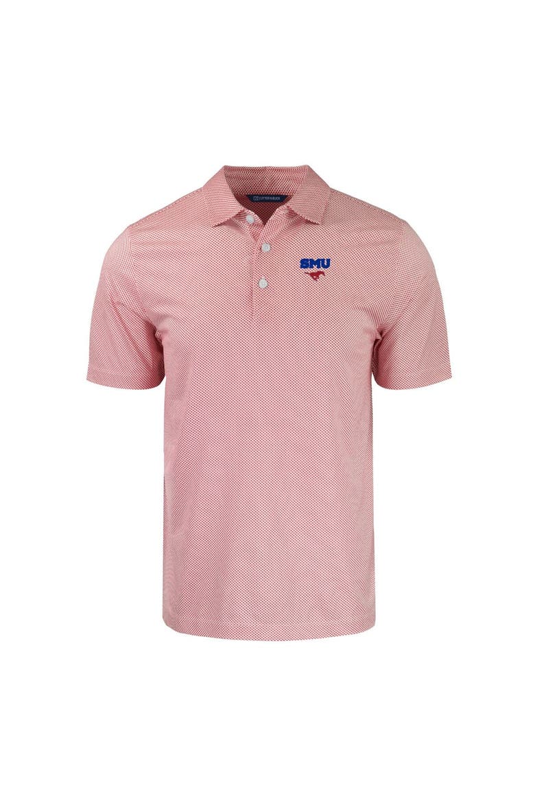 Men's Cutter & Buck Red/White SMU Mustangs Pike Eco Symmetry Print Stretch Recycled Polo, Alternate, color, White