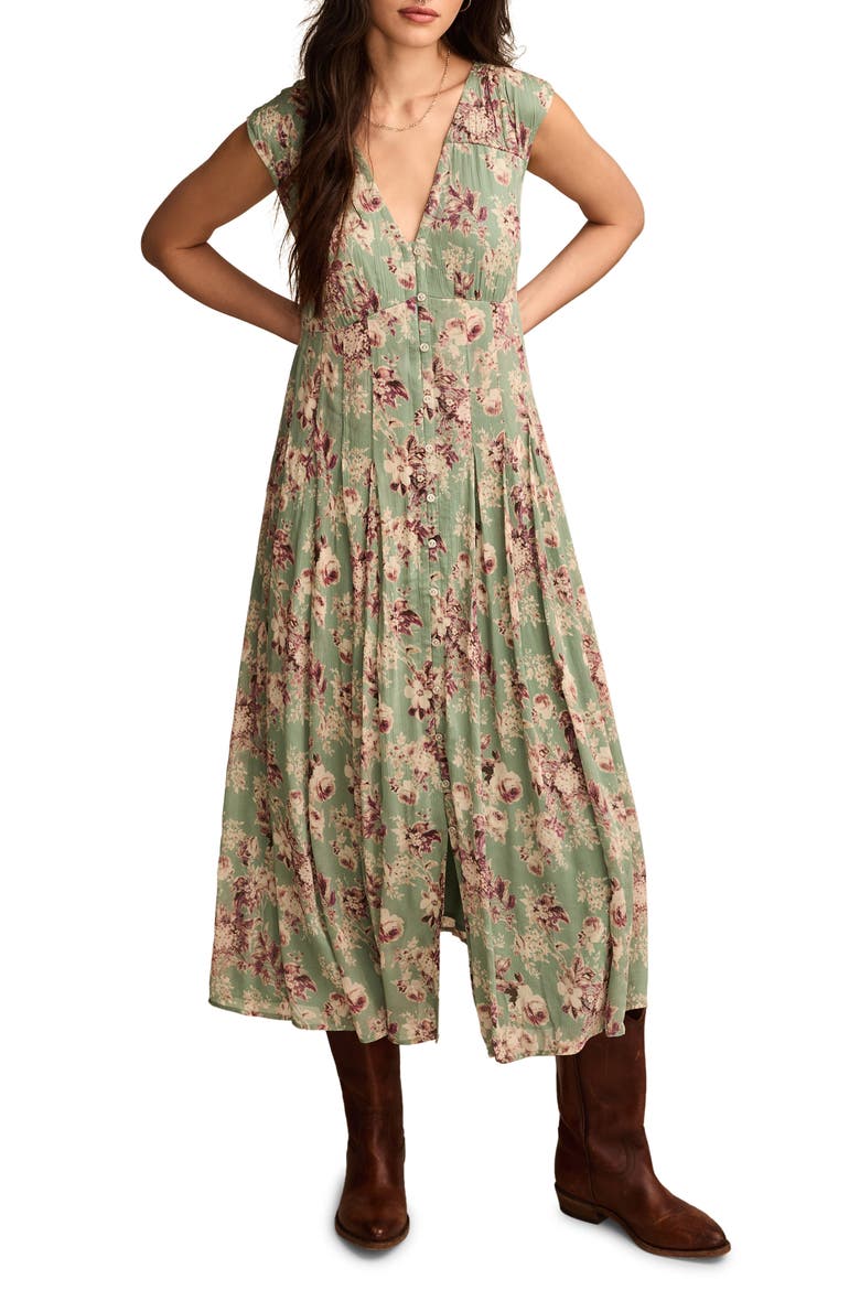 Front Button Sleeveless Pleated Maxi Dress, Main, color, GREEN FLORAL
