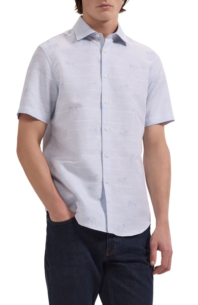 Bugatchi Orson Short Sleeve Cotton & Linen Button-Up Shirt, Main, color, Air Blue