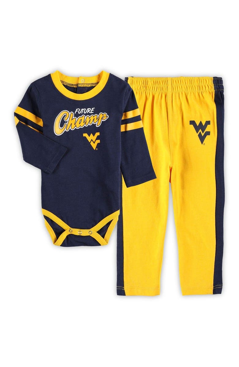 Outerstuff Newborn & Infant Navy/Gold West Virginia Mountaineers Little Kicker Long Sleeve Bodysuit & Sweatpants Set, Main, color, Navy