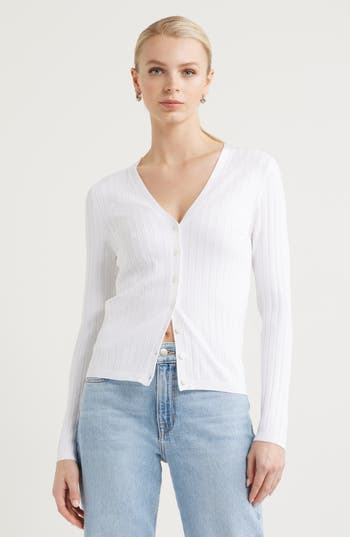 Nordstrom Fitted V-neck Rib Cardigan In White