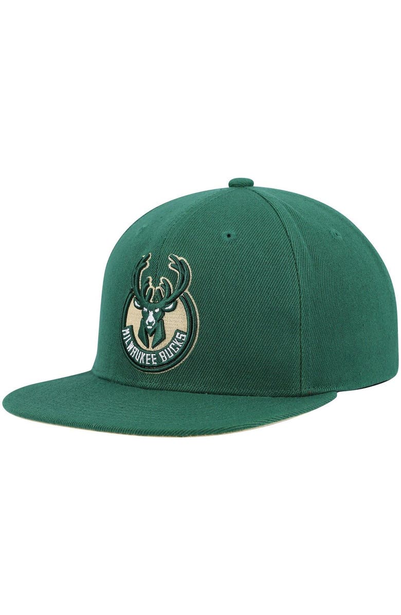Mitchell & Ness Men's Mitchell & Ness Hunter Green Milwaukee Bucks Core Side Snapback Hat, Alternate, color,