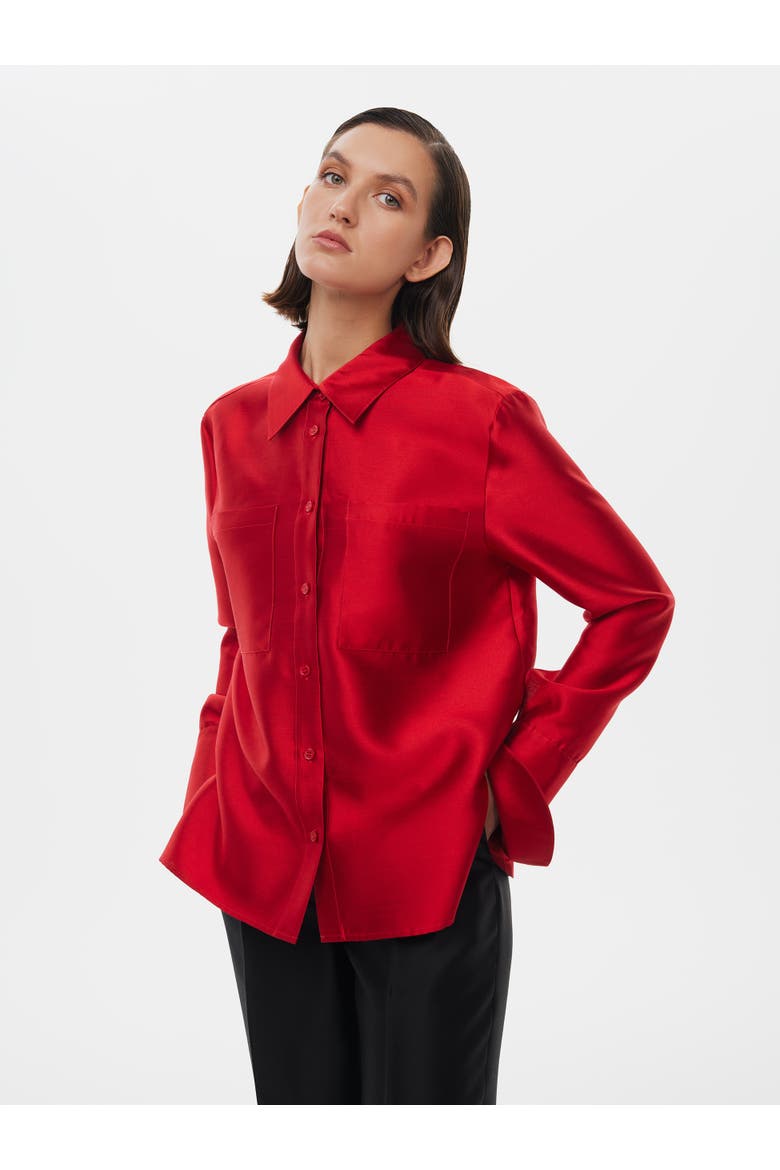 Silk-Wool Blend Fitted Shirt, Alternate, color, Peonie Red