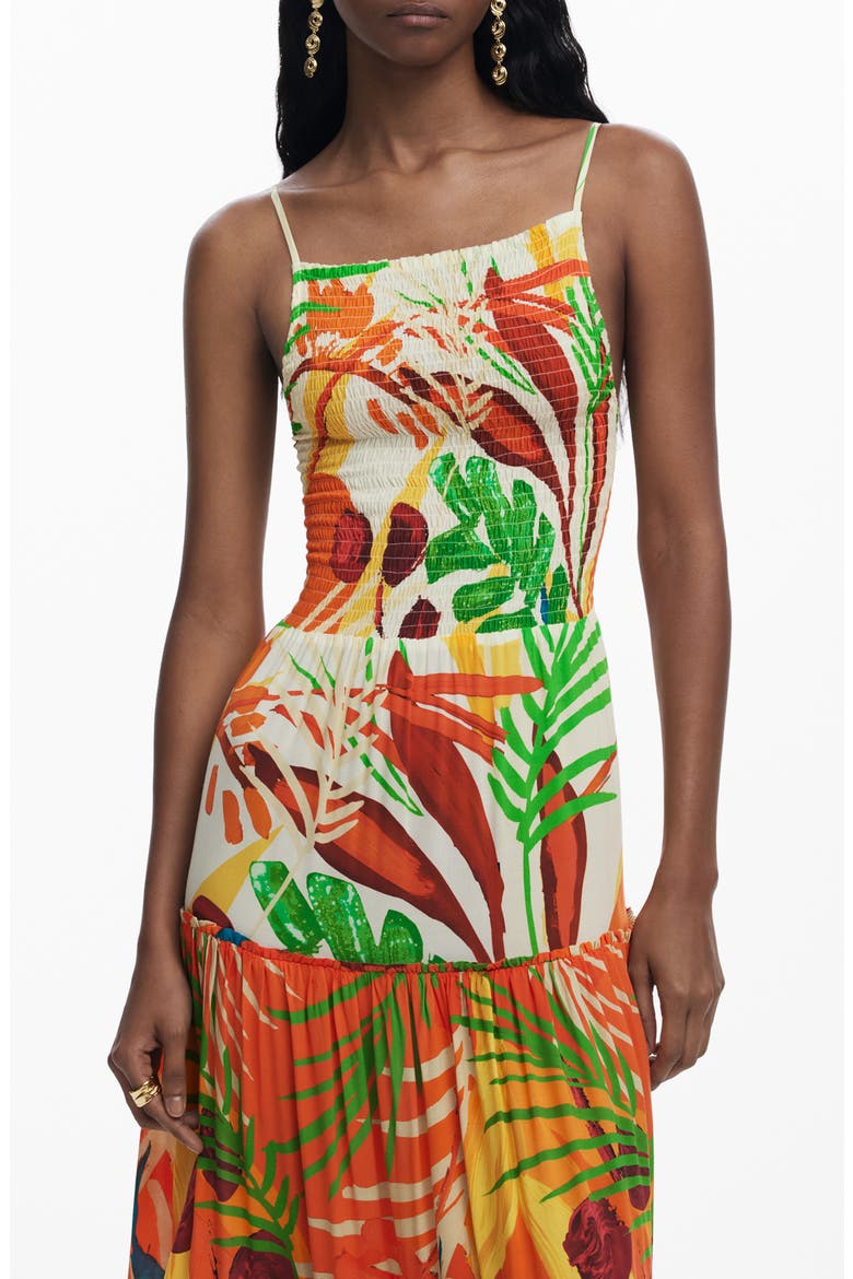 Smocked Bodice Tiered Maxi Cover-Up Sundress, Main, color, ORANGE MULTI