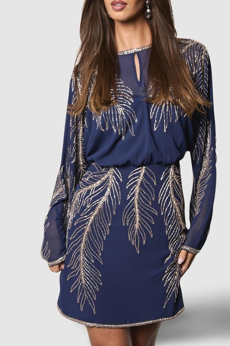 Feather Embellished Mini Dress, Alternate, color, Navy
