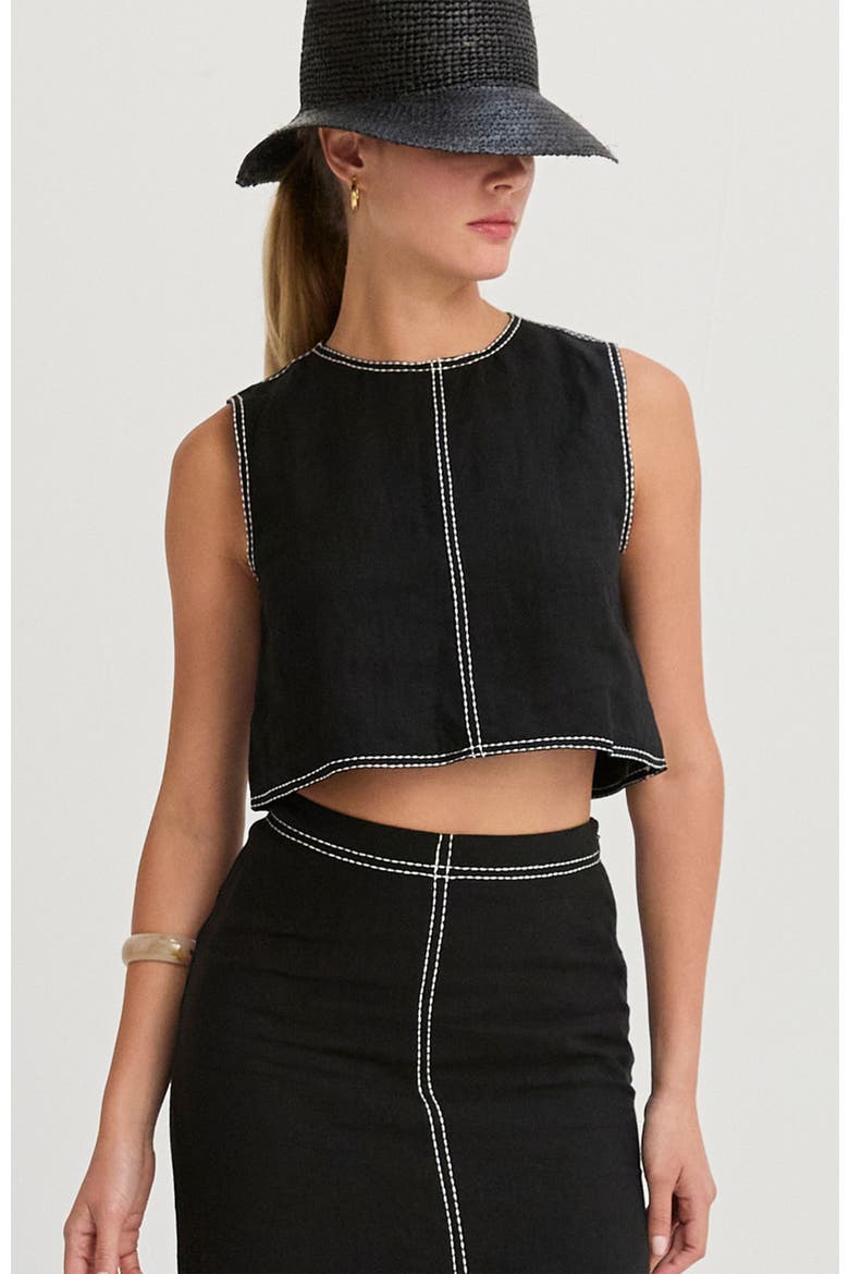 Embroidered Contrast Stitch  Linen Crop Top, Main, color, Black