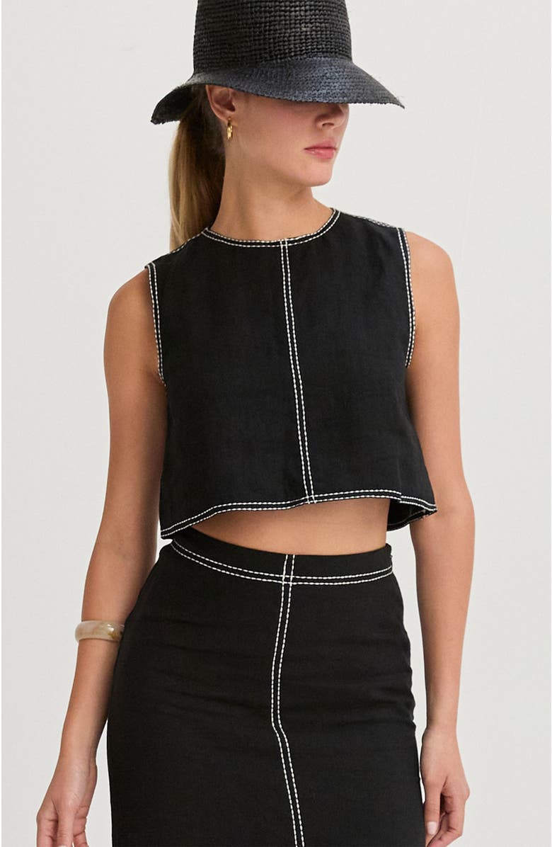 CRESCENT Embroidered Contrast Stitch  Linen Crop Top, Main, color, Black