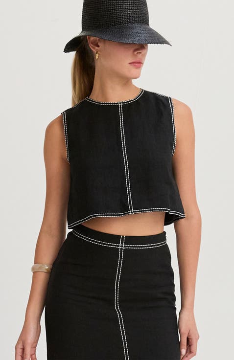 Embroidered Contrast Stitch  Linen Crop Top