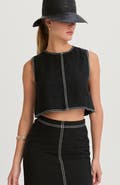 CRESCENT Embroidered Contrast Stitch  Linen Crop Top