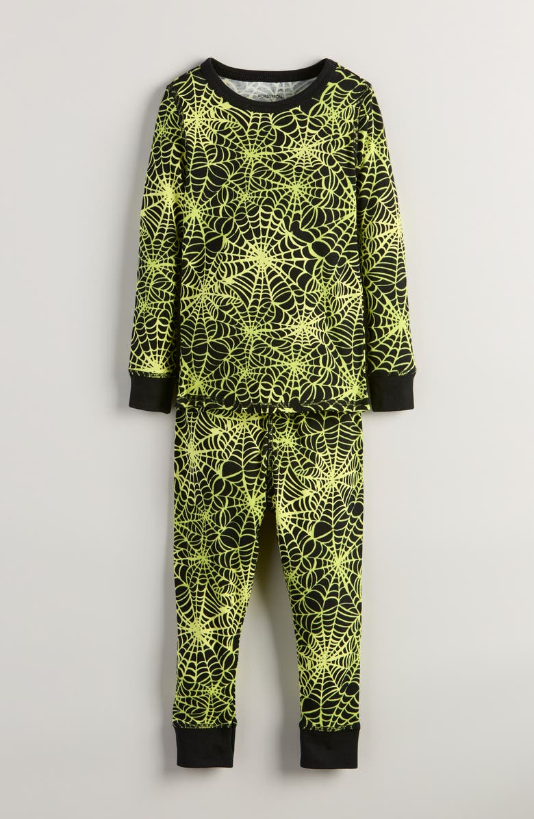 Nordstrom Kids' Glow in the Dark Fitted Two-Piece Pajamas, Main, color, Black- Black Glow Web