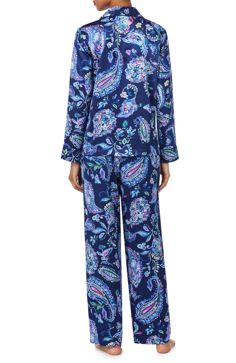 Lauren Ralph Lauren Print Recycled Polyester Blend Satin Long Pajamas, Alternate, color, Blue Paisley