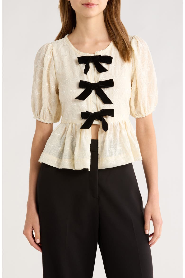 Tie Front Puff Sleeve Peplum Top, Main, color, CREAM BLACK