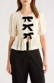 All in Favor Tie Front Puff Sleeve Peplum Top