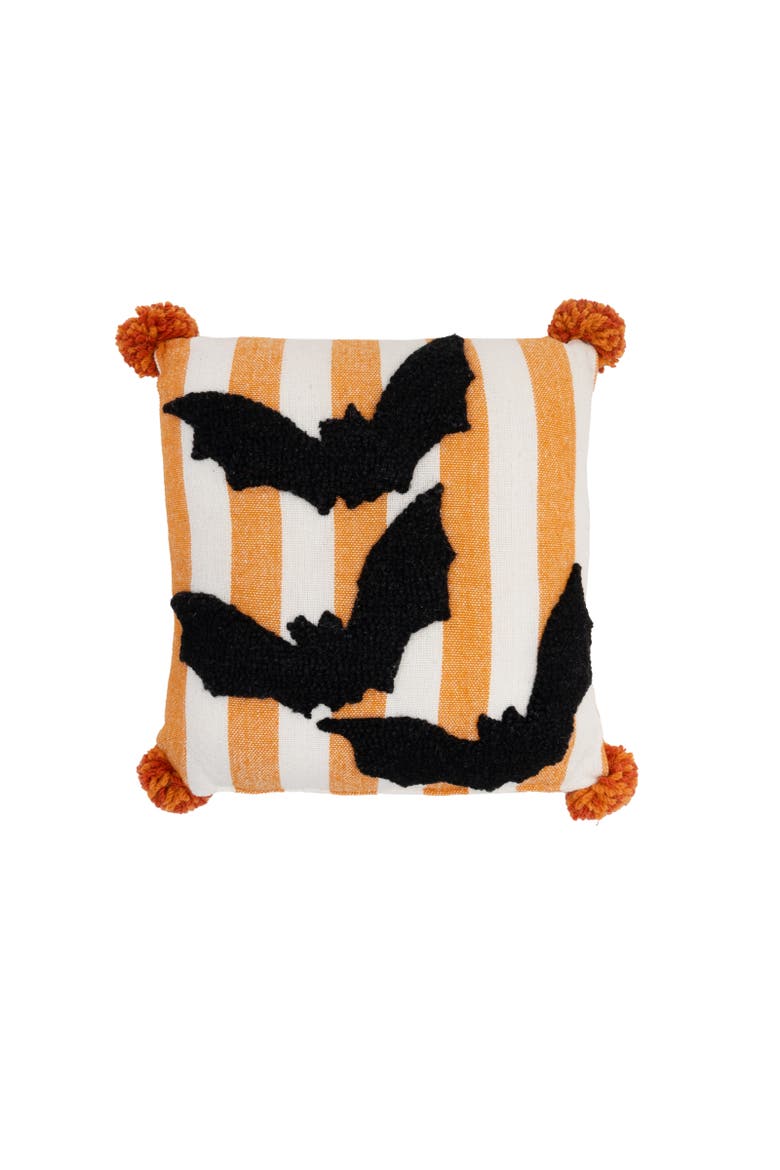 Bats Halloween Mini Hooked Accent Pillow, Main, color, Orange
