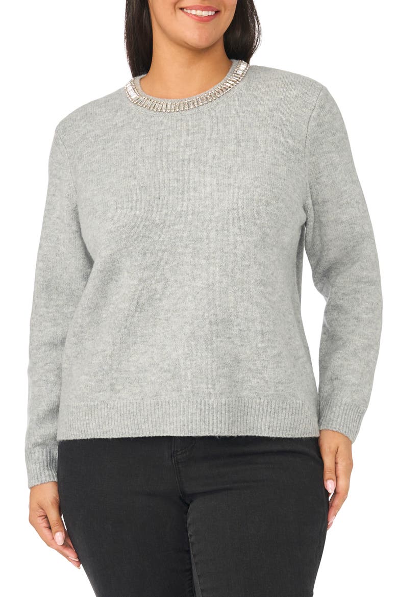 Rhinestone Neckline Sweater, Main, color, LIGHT HEATHER GREY
