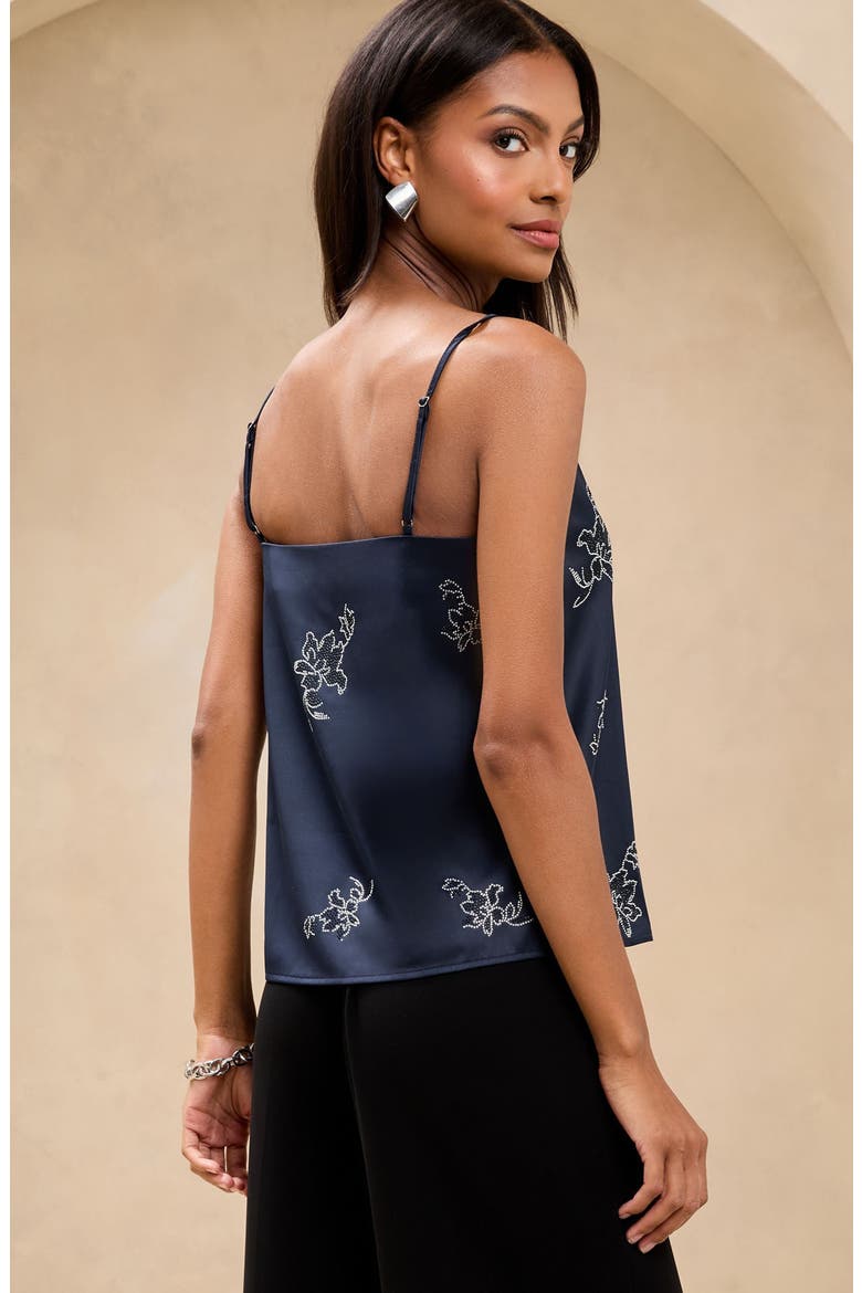 Crystal Embellished Lace Trim Satin Camisole, Alternate, color, BLUE