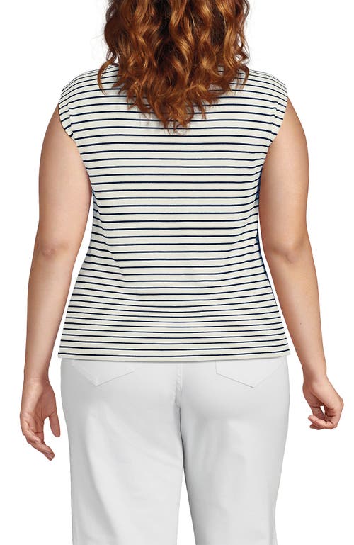 Lands' End Cap Sleeve Drapey Rib Fitted Funnel Neck Tank In Ivory/deep Sea Navy Stripe