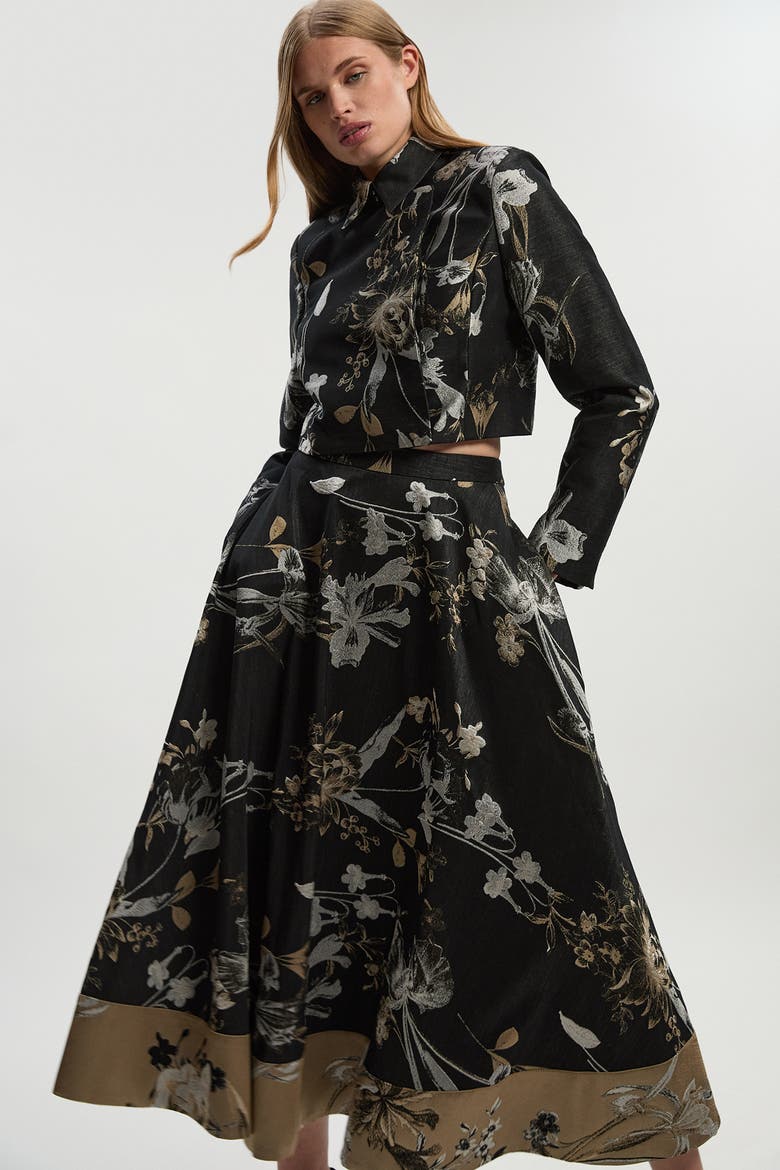 Floral Jacquard Tailored Full Midi Skirt, Alternate, color, Black