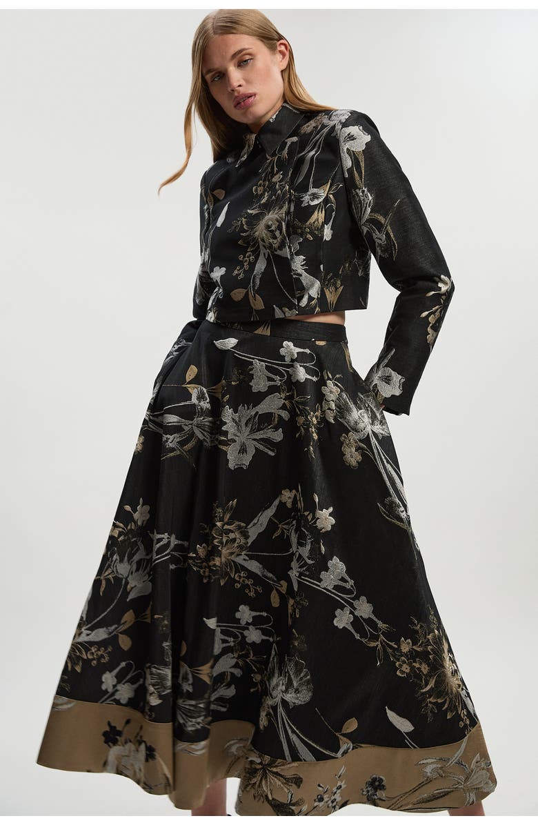 Karen Millen Floral Jacquard Tailored Full Midi Skirt, Alternate, color, Black