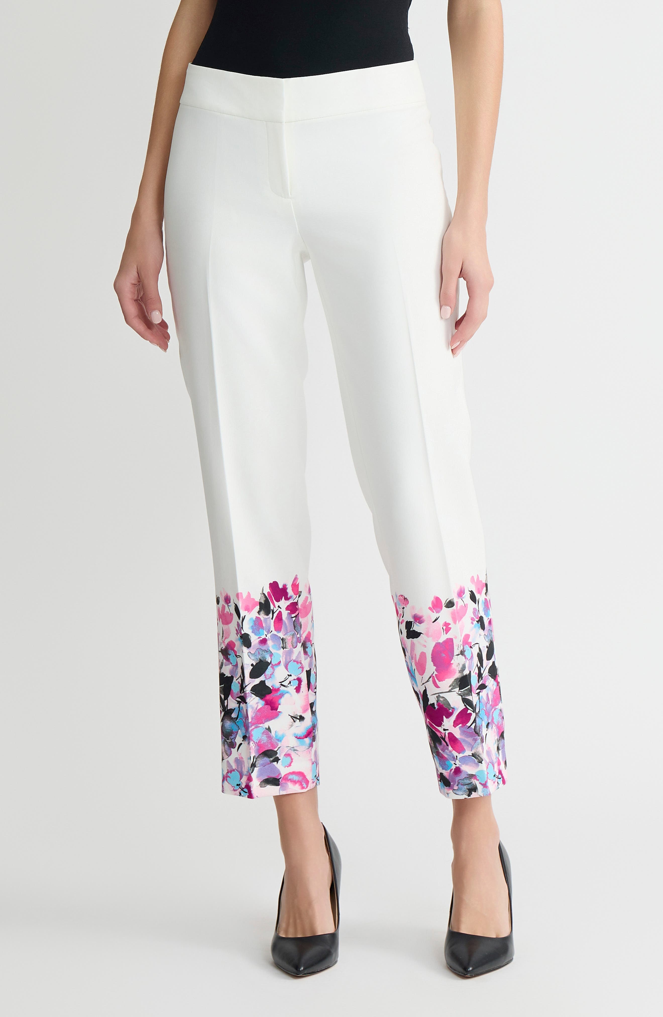 Kasper The Ava Placed Floral Straight Leg Ankle Pants In White