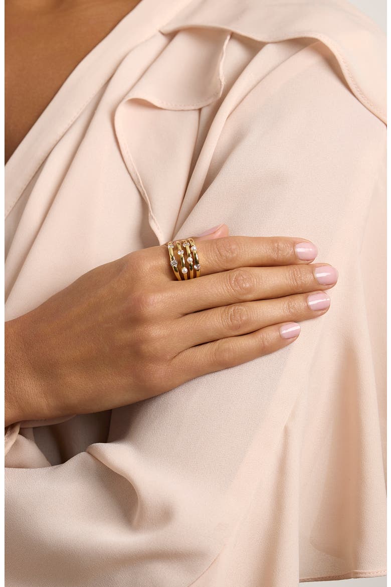 Cubic Zirconia and Faux Pearl Multi Row Ring, Alternate, color, GOLD